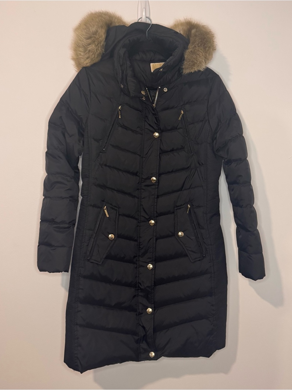 Michael Kors Down Puffer Coat Women S Black Faux Fur Hood Long Gold Hardware